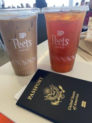 Iced Mocha and Ices Black Tea while we wait for our flight.