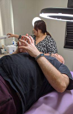 My boyfriend getting his brows done.