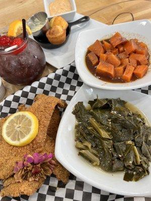 Greens, fried fish, sweet potatoes, down south drink and cornbread.