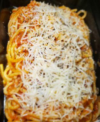 Jumbo tomato spaghetti.  homemade sauce