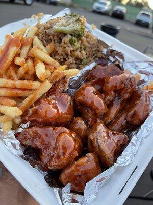 Cauliwings with Sweet Mambo & Spicy Mambo sauce,  Obaby fries, and fried rice. Everything was delicious!