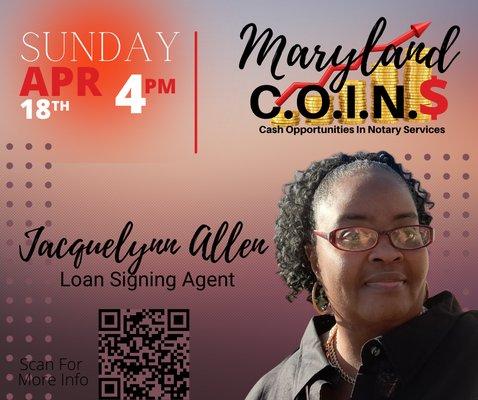 Jacquelynn Allen will be Maryland C.O.I.N.$. Hour of Power special guest on April 18th at 2pm.  She'll share her formula to hit her mark.