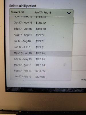 Look at the random increases, when the bills is supposed to be 130 every month. 213, 300, this month it's 250. They can't say why.