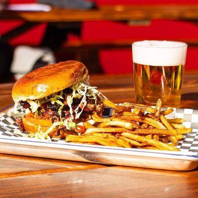 Smoked brisket sandwich, fries and a cold Pilsner!