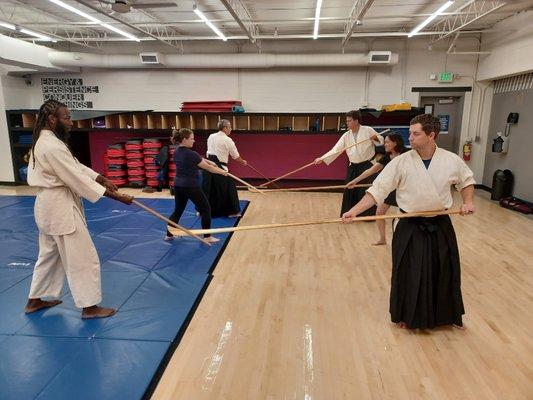 In addition to traditional Aikido weapons of Bokken (sword) and Jo (staff) we train in Naginata.