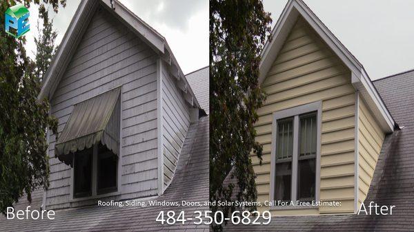 New vinyl siding, capping, soffits, and fascia for this dormer our in Phillipsburg, New Jersey