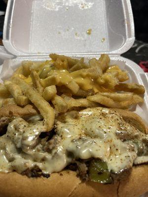 Philly Cheese Steak Sandwich and Cheese Fries