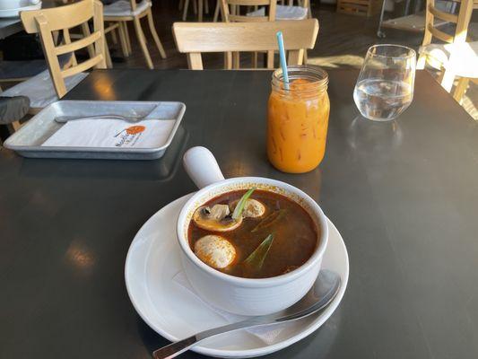 Tom yum soup with shrimp and a Thai iced tea!