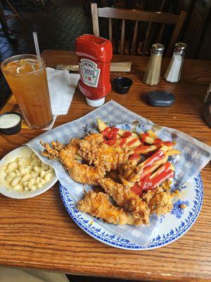 Peach tea, chicken tenders, fries, and Mac with cheese!