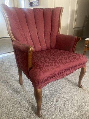 One of the repaired chairs which now has a nice full seat! Before, the springs were broken and the seat sunk down with a tired cushion!