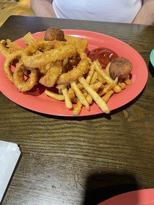 Fish onion rings hush puppies and fries