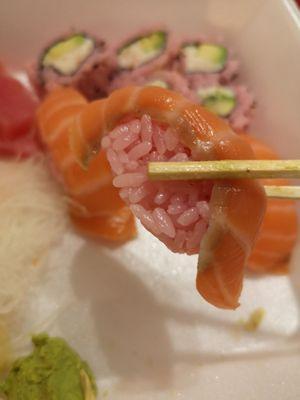 Salmon Nigiri with brown discoloration