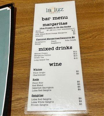 bar menu