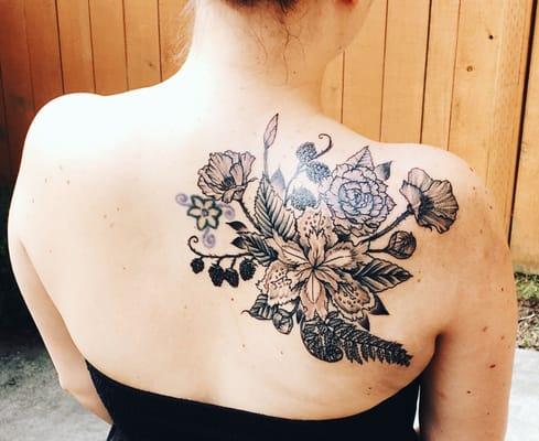 Detailed, intricate floral blackwork by Jude. Makes my old tattoo look like a child's crayola drawing.