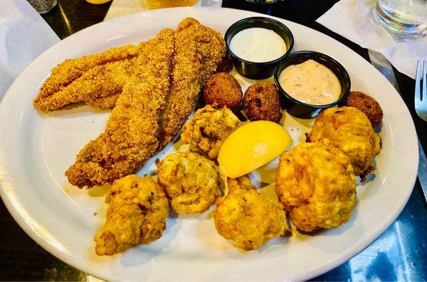 Catfish Dinner with fried mushrooms