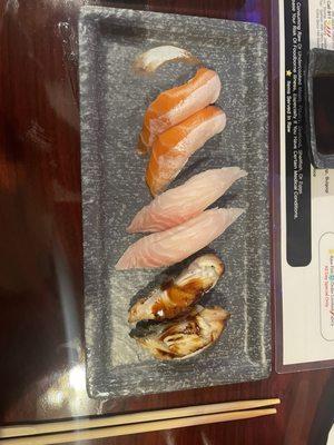 Salmon belly, freshwater fish, eel nigiri