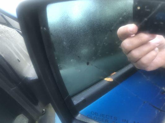 This passenger mirror is unsafe according to Mr Tire mechanic.