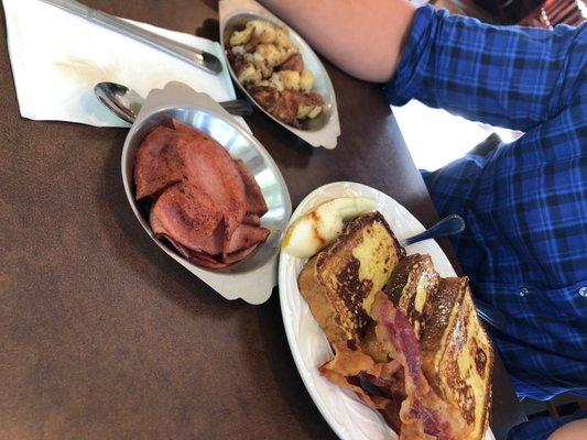 French roast pork roll bacon and potatoes and some type of melon