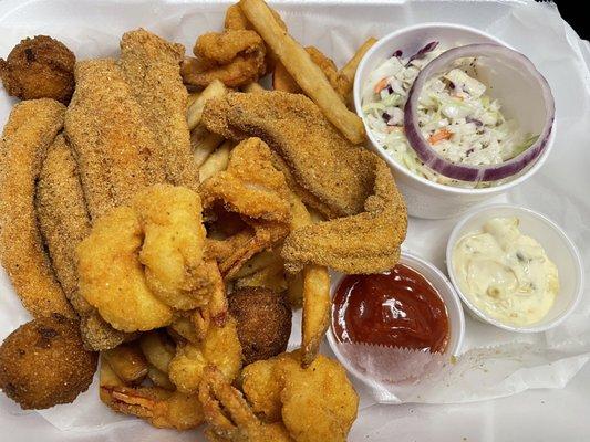 Catfish and shrimp combo takeout.