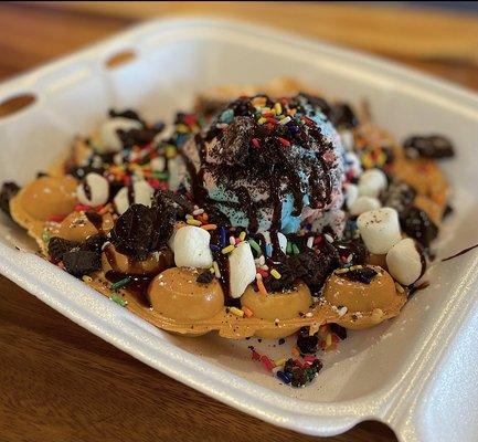 Cotton candy ice cream on a waffle cone