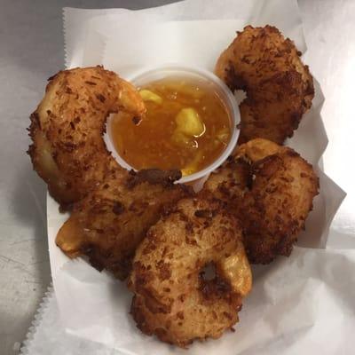 Coconut Shrimp with an Orange pineapple horseradish dipping sauce