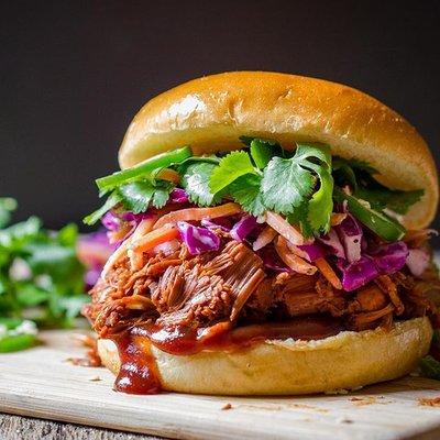 VEGAN Jackfruit Sandwich with a pickled spicy slaw.