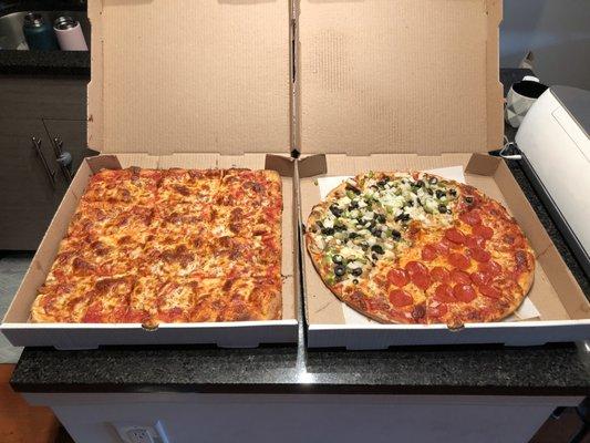 Left: Sicilian Pie, Right: 1/2 Veggie + 1/2 Pepperoni Pie