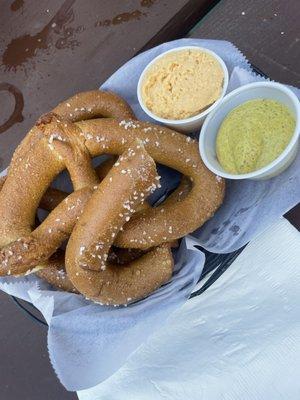 2 Soft Pretzels with Spicy Mustard and beer cheese