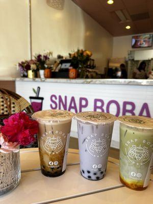 Brown sugar boba ice tea - tarp boba - mango matcha ice tea.