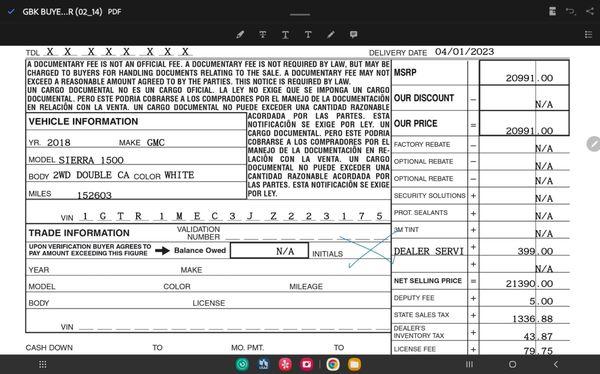 Sales order showing fraudulent charges