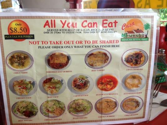 One side of the all you can eat menu