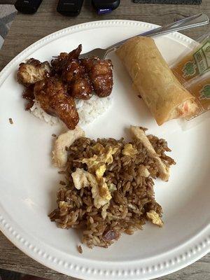 Sesame Chicken, Egg Roll, and Chicken Fried Rice