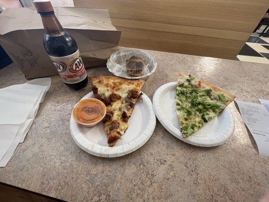 Buffalo pizza and broccoli pizza slices