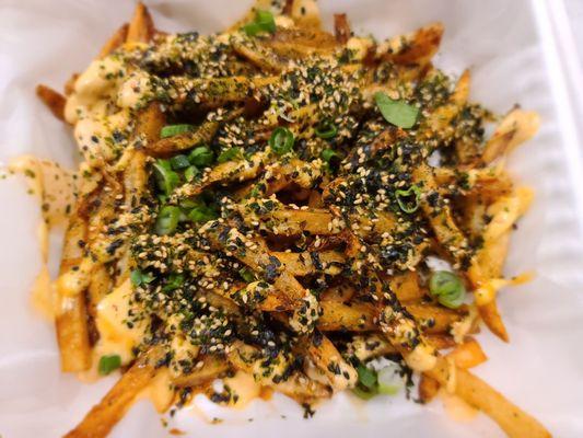 Aloha fries: house cut fries, spicy aioli, sweet soy glaze, furikake, & scallion.