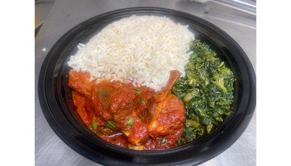 Goat curry (mild), rice, greens