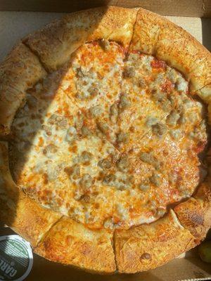 Large one topping sausage pizza with garlic stuffed crust for $16 (after tax). Tastes great but topping this time is bit too greasy.