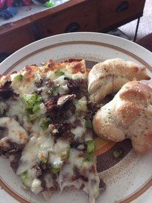 Philly Cheese Steak Pizza and Garlic Knots with Sauce