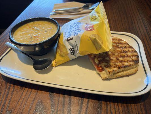 Chicken Orzo Soup with Rustic Italian Panini