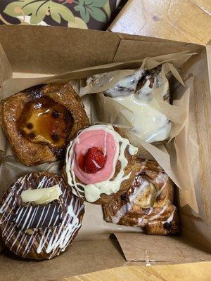 Caramel Flan Croissant Cinnamon Roll Strawberry Churro Tiramisu Churro Raspberry Apricot Cheese Danish