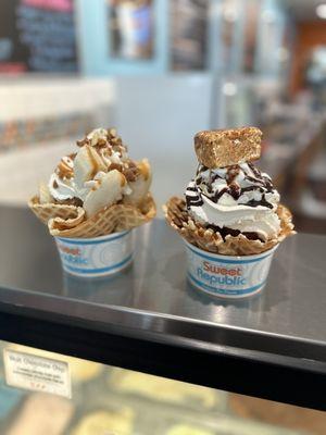 Toffee Banofi and Campfire S'more sundaes