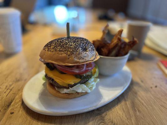 Hanger cheeseburger, served all day.   Yeah it's a deluxe $18 hotel burger. Good but pricey