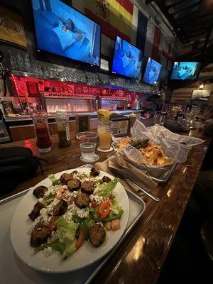 49ers FTW! Vegan Italian Sausage on top of the Salad, Nachos and Link