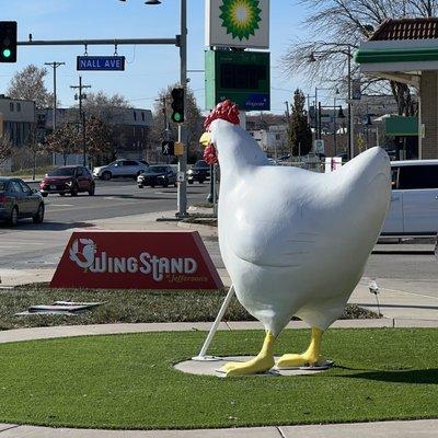 Turn left at the big chicken.