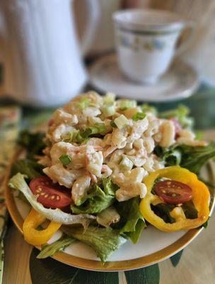 Muir's Holoholo Tiki Tea Service: Hawaiian Macaroni Salad on a bed of greens