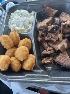 Brisket dinner fried corn and potato salad. Excellent