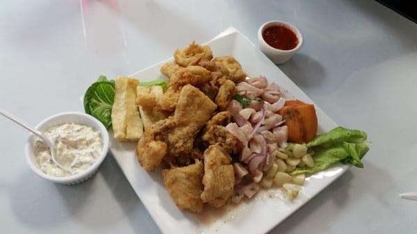 Jalea and ceviche combination with homemade tartar sauce and rocoto hot sauce...wow