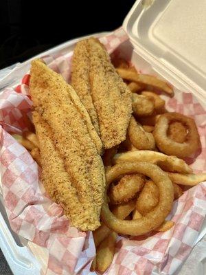 Fried seafood combo came with 2 Pieces Catfish Fillet and fried shrimps with French fries