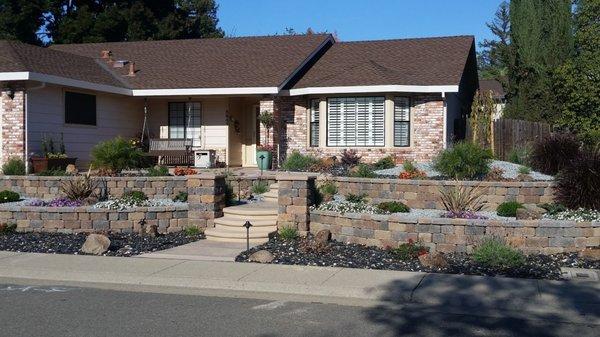 Complete low water landscape with concrete and retaining walls.  This front yard was all grass prior to project