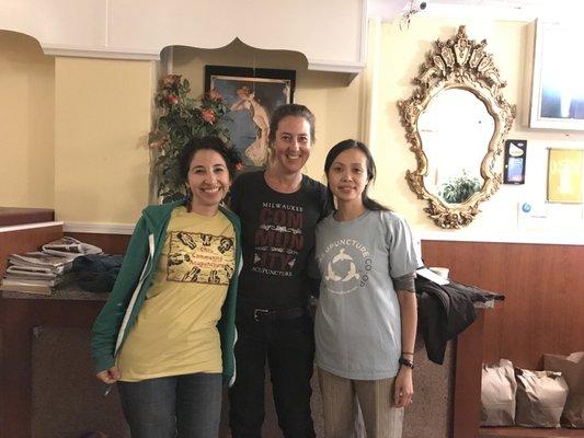 Cynthia, Sonja, and V, in our Community Acupuncture SWAG from Chico, Milwaukee and Boise! We love community acupuncture!