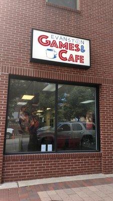 The entrance to Evanston Games & Cafe.